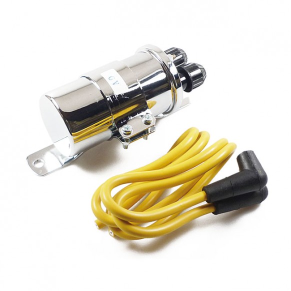Round custom ignition coil kit, 6V. Chrome Points style ignition in custom applications