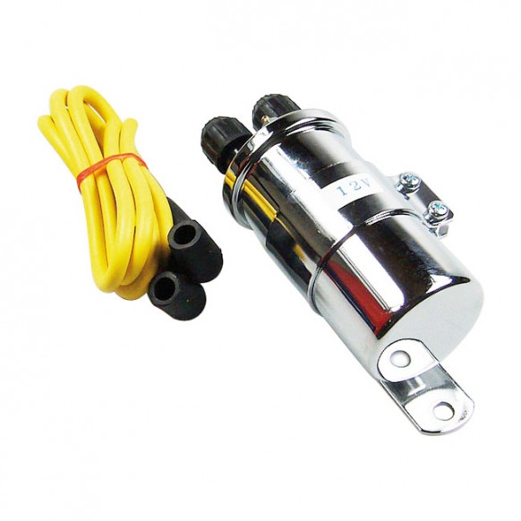 Round custom ignition coil kit, 12V. Chrome Points style ignition in custom applications
