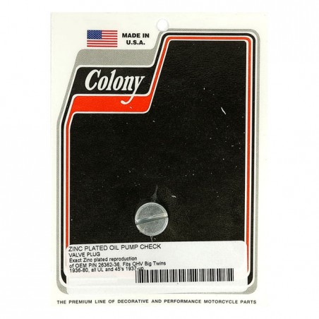 COLONY PLUG, OIL PUMP CHECK VALVE 36-80 B.T. OHV & SV 37-52 45" SV(NU)