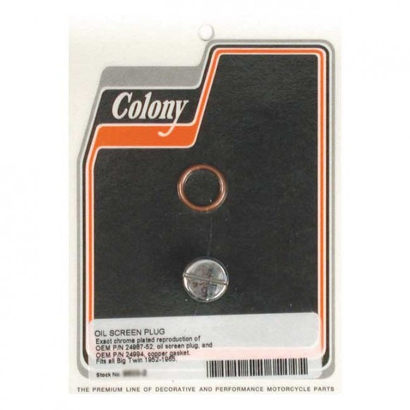 Colony, OEM slotted style plug oil screen crankcase. Chrome 52-65 B.T. (NU)
