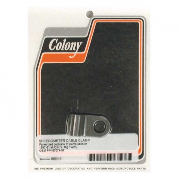 Colony, speedo cable clamp. Black parkerized 57-61 B.T.(NU)