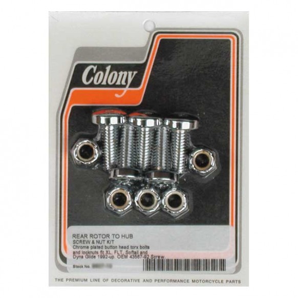 Colony, rear brake rotor bolt & nut kit. Chrome Torx 92-20 Softail, Dyna, FLT/Touring, XL